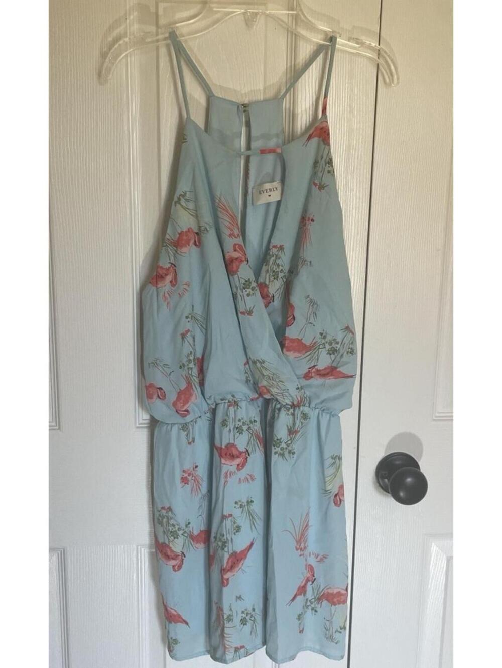 Everly Large flamingo print spaghetti strap romper Shorts light blue pink